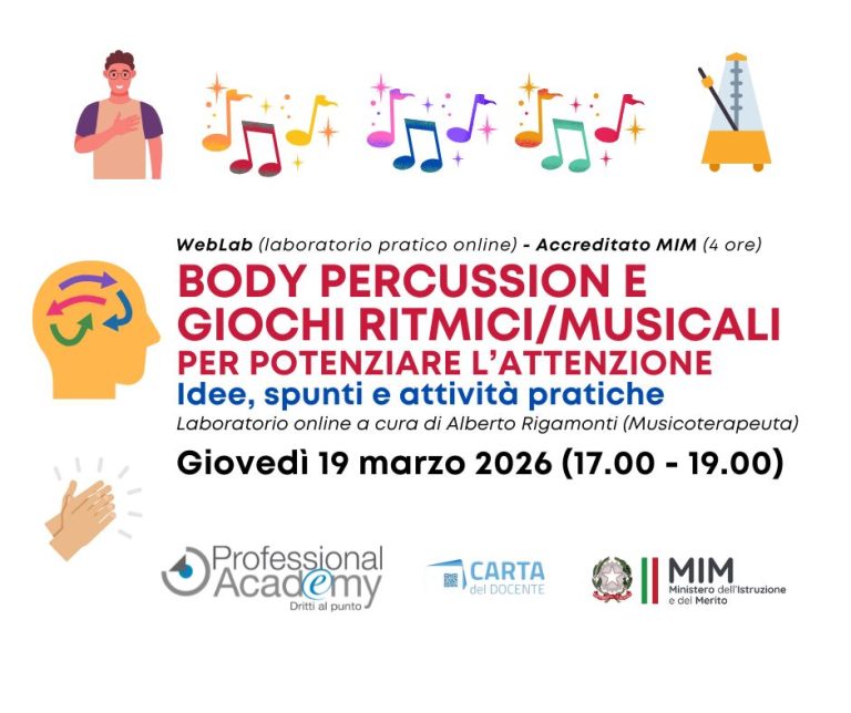 Body Percussion e giochi ritmici/musicali per potenziare l’attenzione: idee e attività pratiche (Laboratorio Artistico Online)
